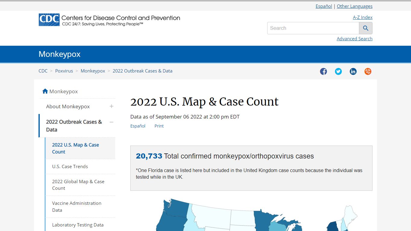 2022 U.S. Map & Case Count | Monkeypox | Poxvirus | CDC